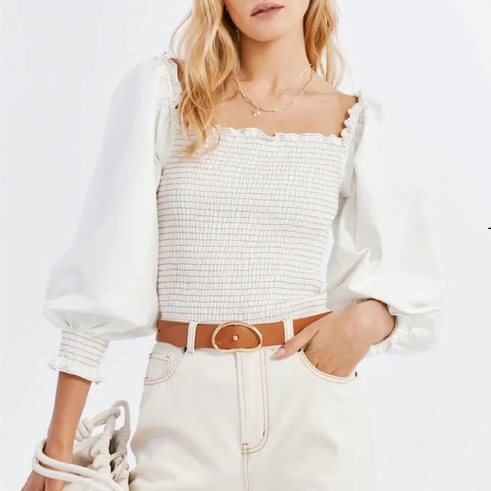 Something Navy REVOLVE Chambray Smocked Long Sleeve Top in Ivory S NWT